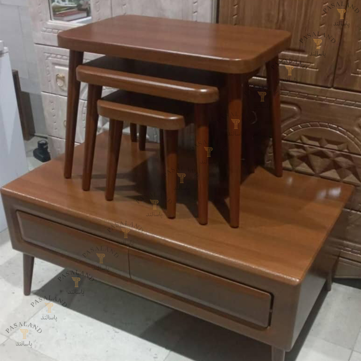 میز جلو مبلی عسلی چوبی ساده و شیک کشودار قهوه ای فندقی مدل لئو